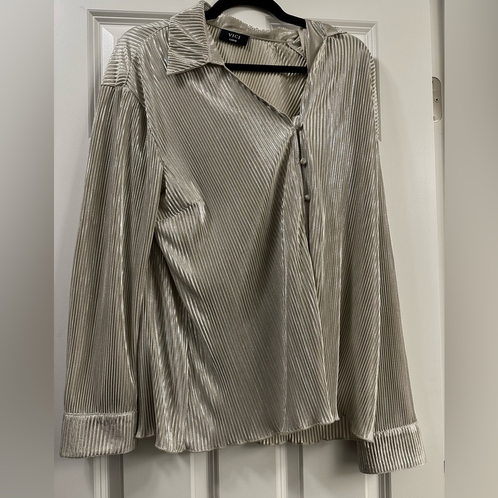 Silver Plisse Button Holiday Blouse